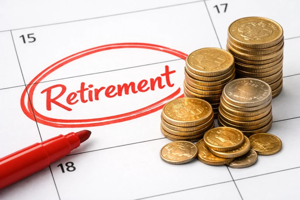 A calendar page with the word “Retirement” circled in red and stacks of gold and silver coins beside it, symbolizing saving for retirement while investing for long‑term financial growth. Save for Retirement While Investing – Better Explained