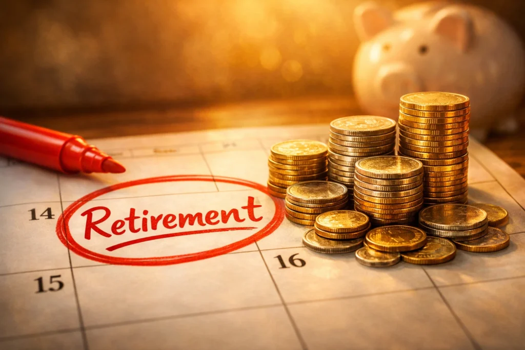 A calendar with “Retirement” circled in red beside stacked gold and silver coins under warm golden light, symbolizing saving for retirement while investing for long‑term financial freedom.