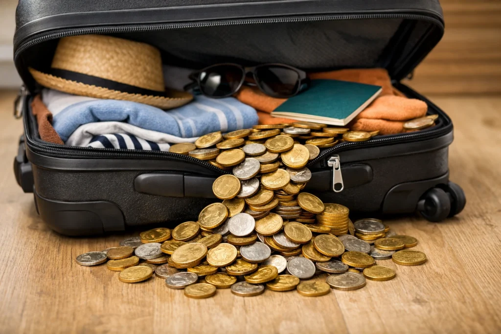 Travel Savings Hacks – How to Explore More for Less An open suitcase with gold and silver coins spilling out onto a wooden floor, symbolizing travel savings hacks and exploring more for less through smart budgeting.