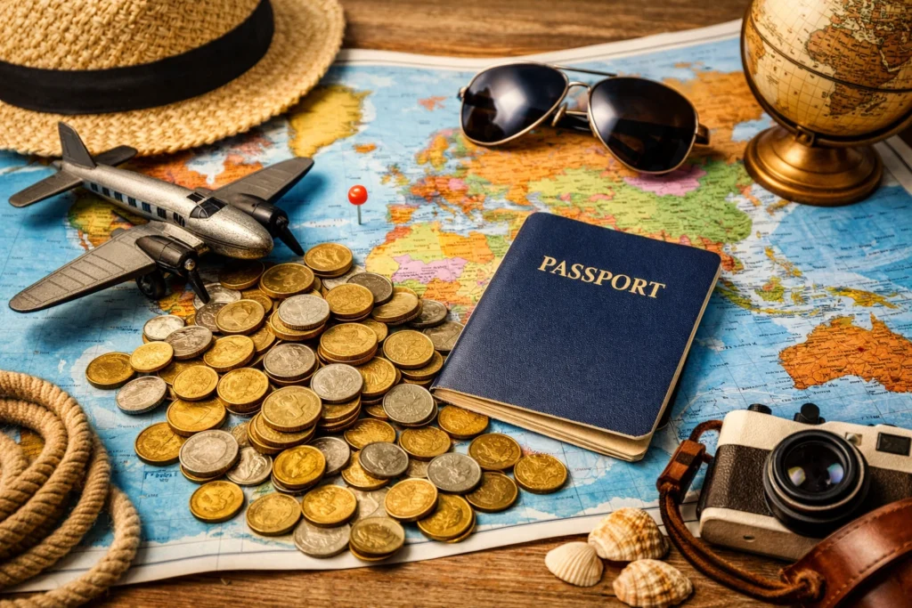 A world map spread on a wooden surface with travel essentials like a passport, sunglasses, coins, and a toy airplane scattered around, symbolizing travel savings hacks and exploring more for less through smart planning and budgeting.