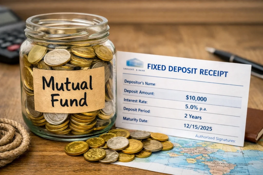 Mutual Funds vs Fixed Deposits – The Best Growth Accelerator A glass jar labeled “Mutual Fund” filled with coins placed beside a printed bank Fixed Deposit receipt on a wooden surface, symbolizing the comparison between mutual funds and fixed deposits as growth accelerators for smart investing.