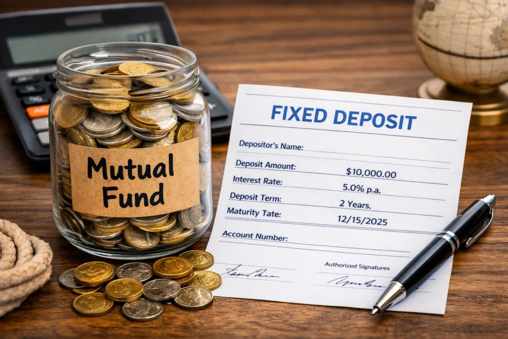 A glass jar labeled “Mutual Fund” filled with coins placed beside a printed Fixed Deposit document on a wooden desk with a calculator and pen, symbolizing the comparison between mutual funds and fixed deposits as investment growth accelerators.