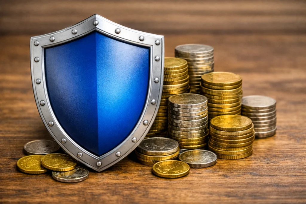 A metallic shield protecting stacks of gold and silver coins on a wooden surface, symbolizing insurance in finance as the best friend of your wealth by safeguarding assets and ensuring financial stability.