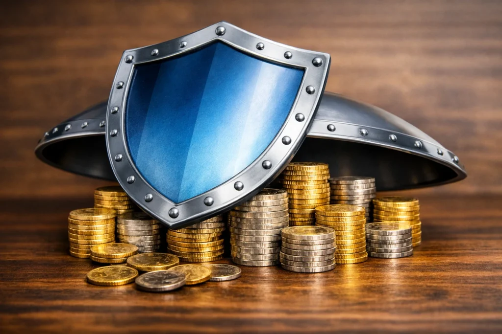 A metallic shield hovering protectively over stacks of gold and silver coins on a wooden surface, symbolizing insurance in finance as the best friend of your wealth by safeguarding assets and ensuring long‑term financial stability.