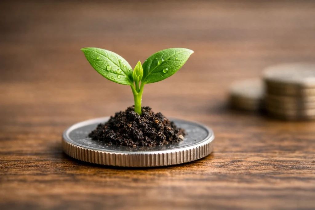 A tiny green plant sprouting from a coin on a wooden surface, symbolizing building wealth with small investments and the power of growth through compounding.