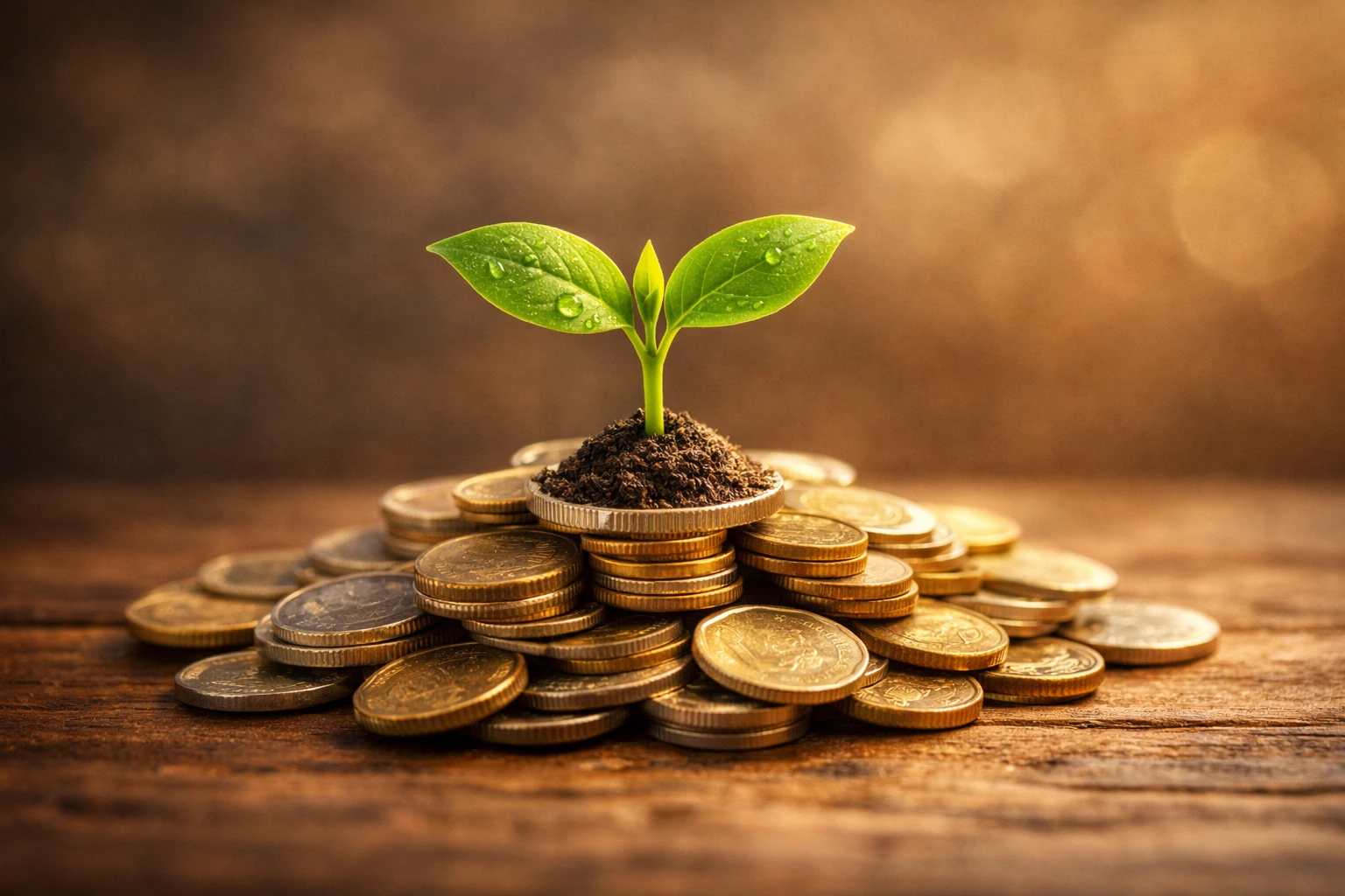 A small green plant sprouting from a pile of gold and silver coins on a wooden surface, symbolizing building wealth with small investments and the power of growth through consistency and compounding.
