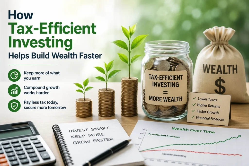 Illustration showing tax-efficient investing strategies with growing coins, investment portfolio, and wealth growth to maximize long-term returns while reducing taxes.
