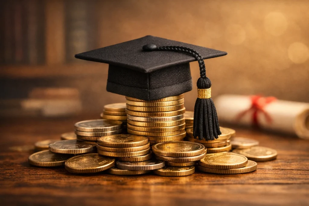 A black graduation cap placed on top of a stack of gold and silver coins on a wooden surface, symbolizing planning for children’s education and financial growth through smart savings and investment strategies.