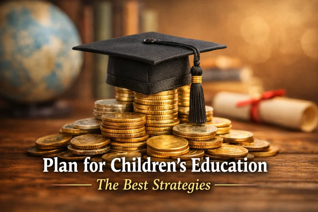 A black graduation cap with a golden tassel resting on a stack of gold and silver coins, with a blurred background showing books, a globe, and a diploma — symbolizing planning for children’s education and financial growth through smart savings and investment strategies.