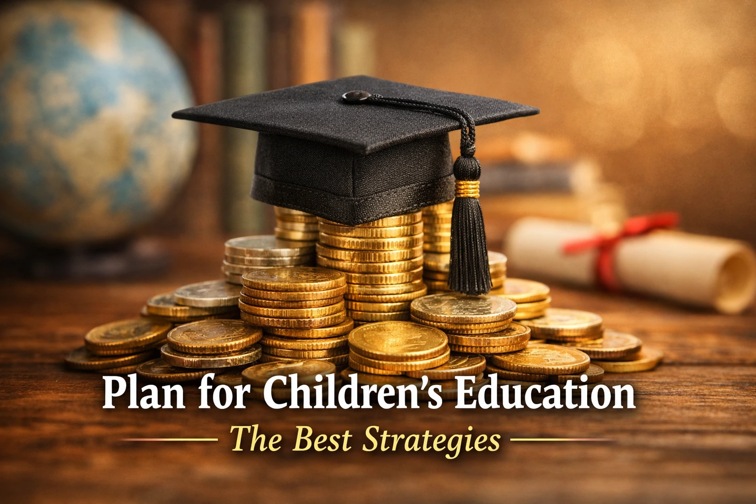 A black graduation cap with a golden tassel resting on a stack of gold and silver coins, with a blurred background showing books, a globe, and a diploma — symbolizing planning for children’s education and financial growth through smart savings and investment strategies.