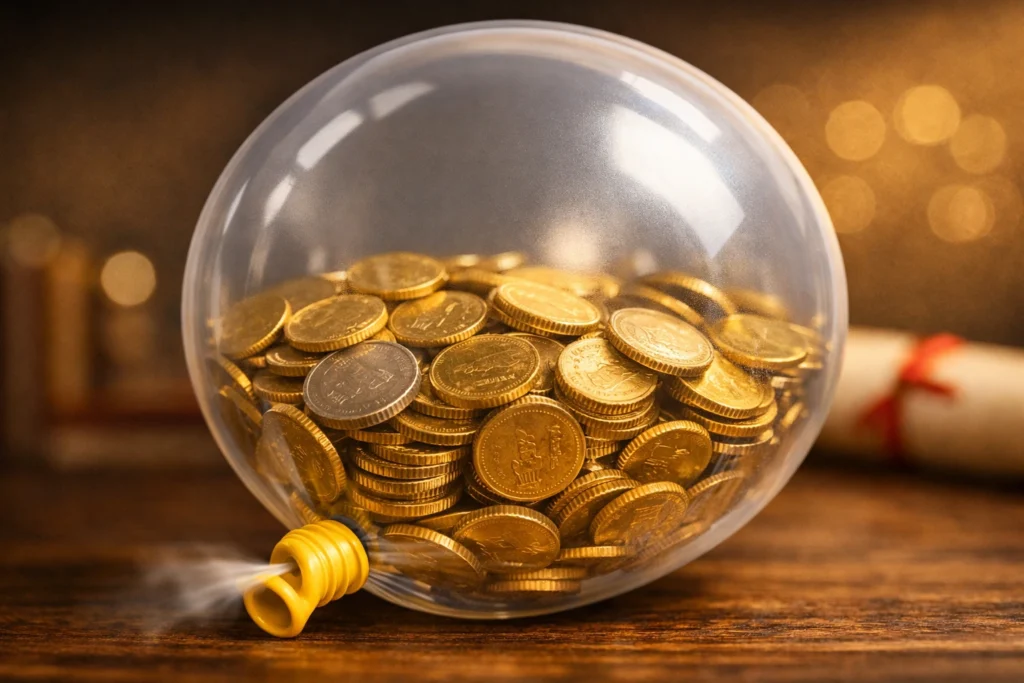 A transparent balloon inflating with gold coins inside, symbolizing the role of inflation in savings and how rising inflation impacts the real value of money over time.