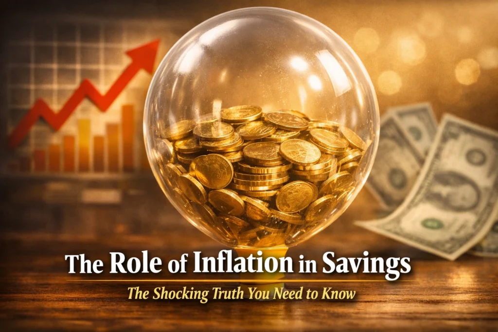 A transparent balloon filled with gold coins inflating against a blurred background with a red upward arrow and fading dollar bills, symbolizing the role of inflation in savings and how rising inflation erodes the real value of money over time.