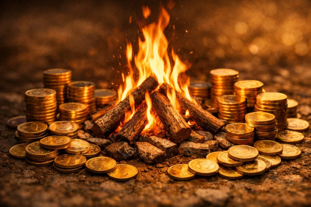 FIRE Movement Explained – Retire Early & Live Free A campfire surrounded by stacks of gold coins, symbolizing the FIRE Movement and financial independence through saving, investing, and early retirement strategies.