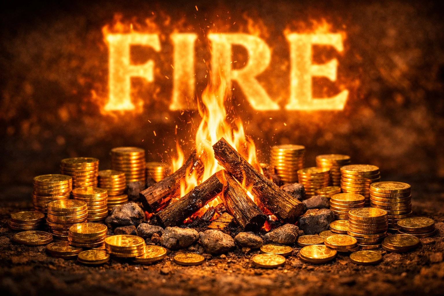 A glowing campfire surrounded by stacks of gold coins with the word FIRE illuminated in the background, symbolizing the FIRE Movement and financial independence through saving, investing, and early retirement.