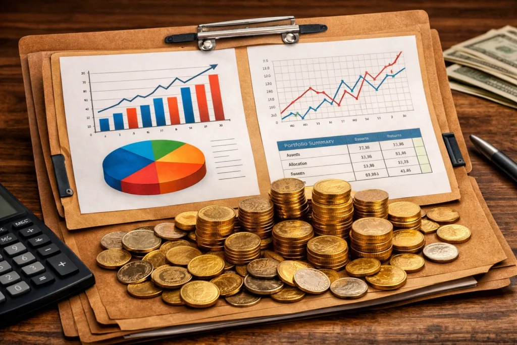 An open folder filled with financial charts, graphs, and stacks of coins on a wooden desk, symbolizing a balanced portfolio and effective financial planning for long‑term wealth building.