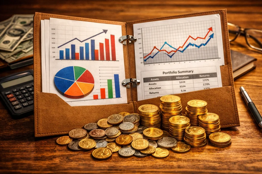 An open folder filled with colorful financial charts, graphs, and stacks of coins on a wooden desk, symbolizing a balanced portfolio and effective financial planning for long‑term wealth building.