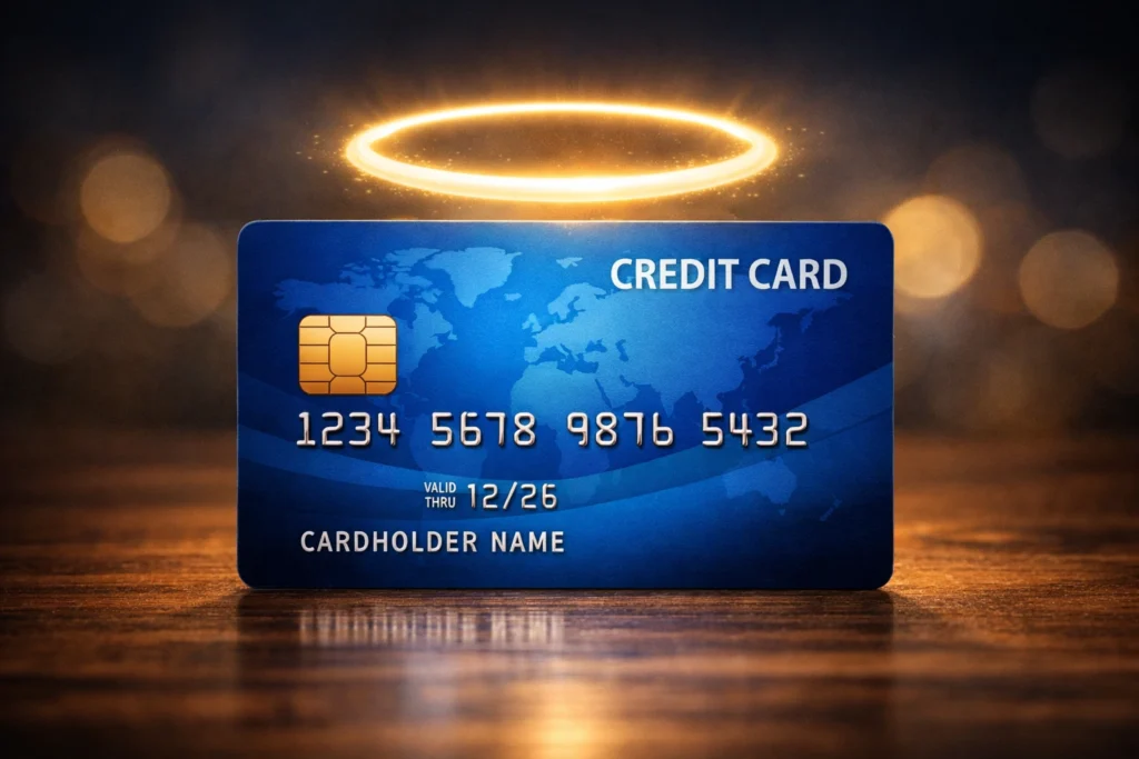 A blue credit card standing upright with a glowing golden halo above it, symbolizing credit card mastery and responsible financial behavior without falling into debt.
