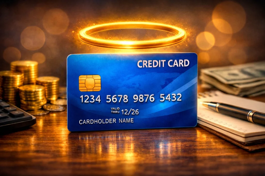 A glowing blue credit card with a golden halo above it, surrounded by coins, a notebook, and dollar bills on a wooden desk, symbolizing credit card mastery and responsible financial management without falling into debt.