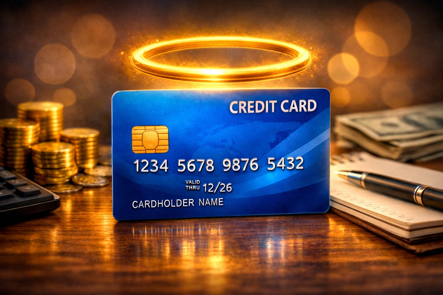 A glowing blue credit card with a golden halo above it, surrounded by coins, a notebook, and dollar bills on a wooden desk, symbolizing credit card mastery and responsible financial management without falling into debt.