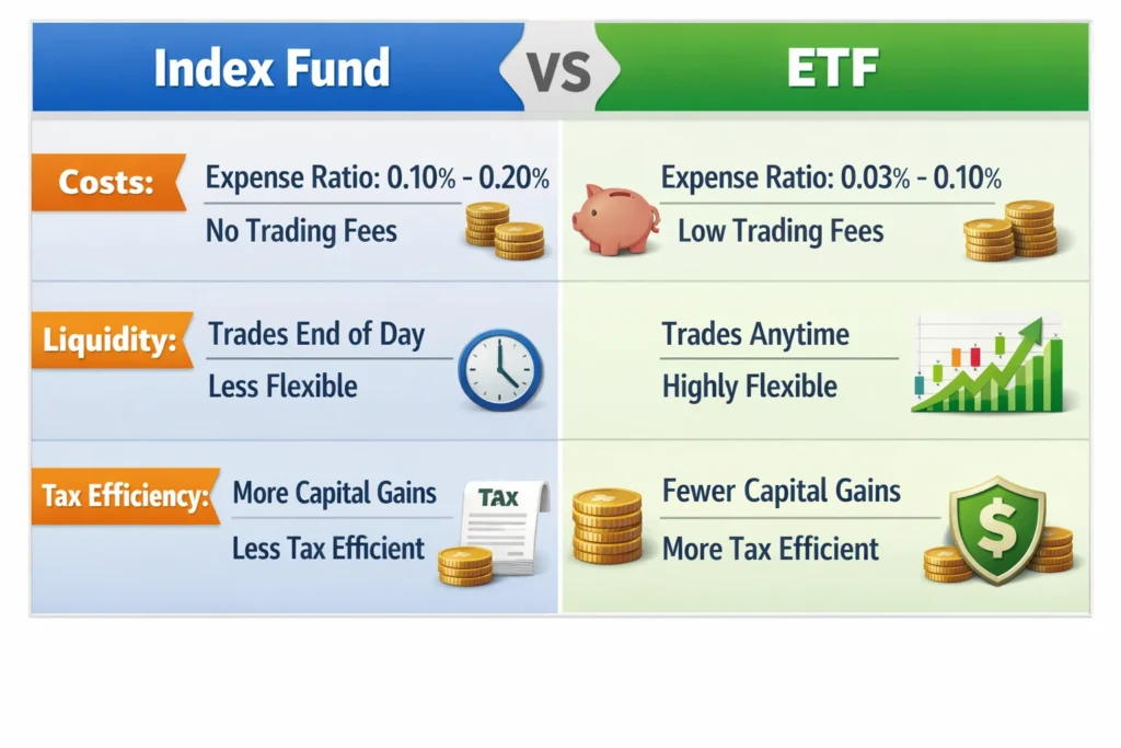 A visual chart comparing Index Fund and ETF side by side, highlighting differences in cost, liquidity, and tax efficiency with clear labels and icons for easy understanding.