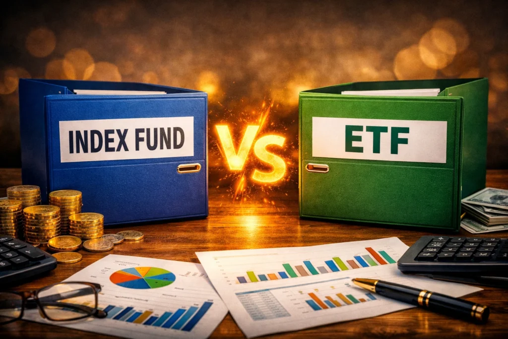 Two binders labeled Index Fund and ETF placed side by side on a wooden desk with charts, coins, and a glowing VS symbol between them, representing the comparison between index funds and ETFs for smart investing.