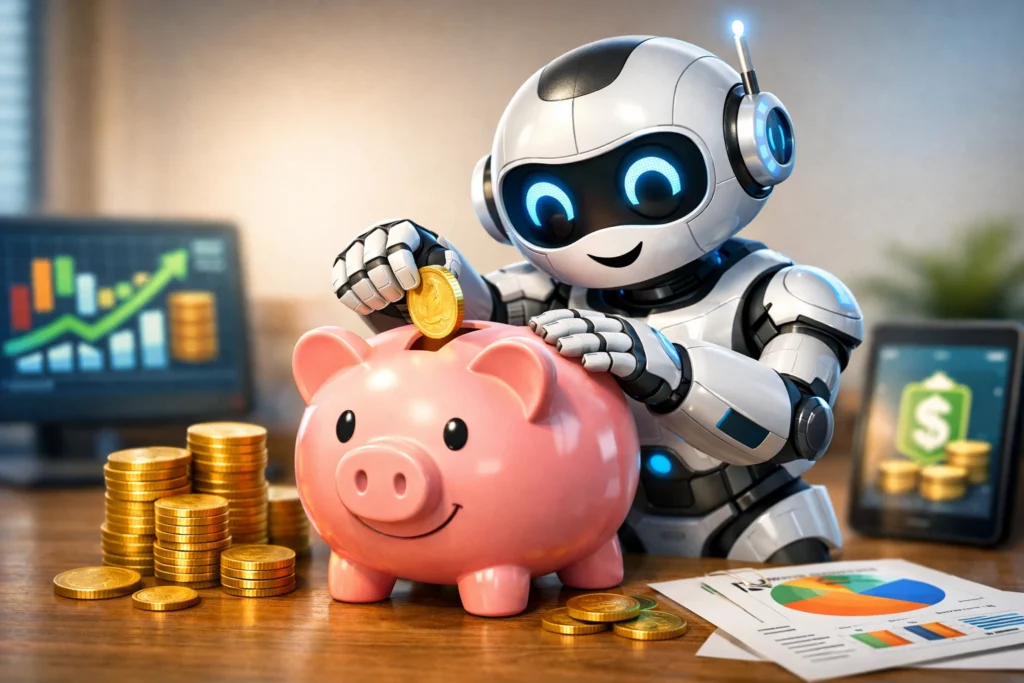 Automated Savings – The Easy Way to Build Wealth Consistently A futuristic robot placing gold coins into a pink piggy bank surrounded by charts and glowing digital screens, symbolizing automated savings and consistent wealth building through technology and smart financial planning.