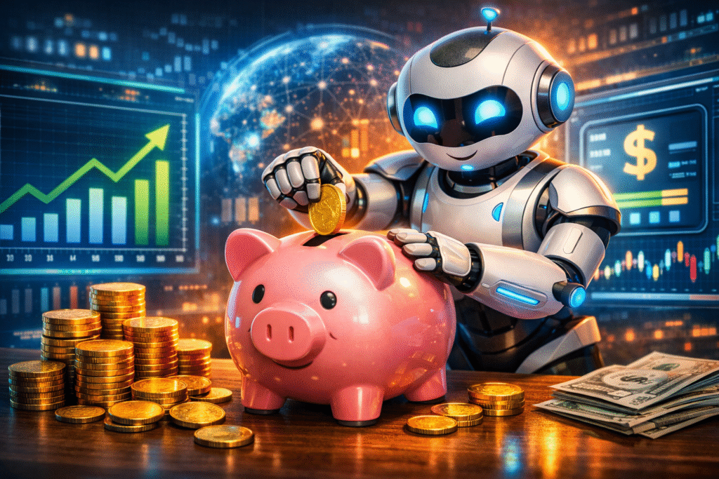 A futuristic robot placing a gold coin into a pink piggy bank surrounded by glowing digital screens and charts, symbolizing automated savings and consistent wealth building through technology and smart financial planning.
