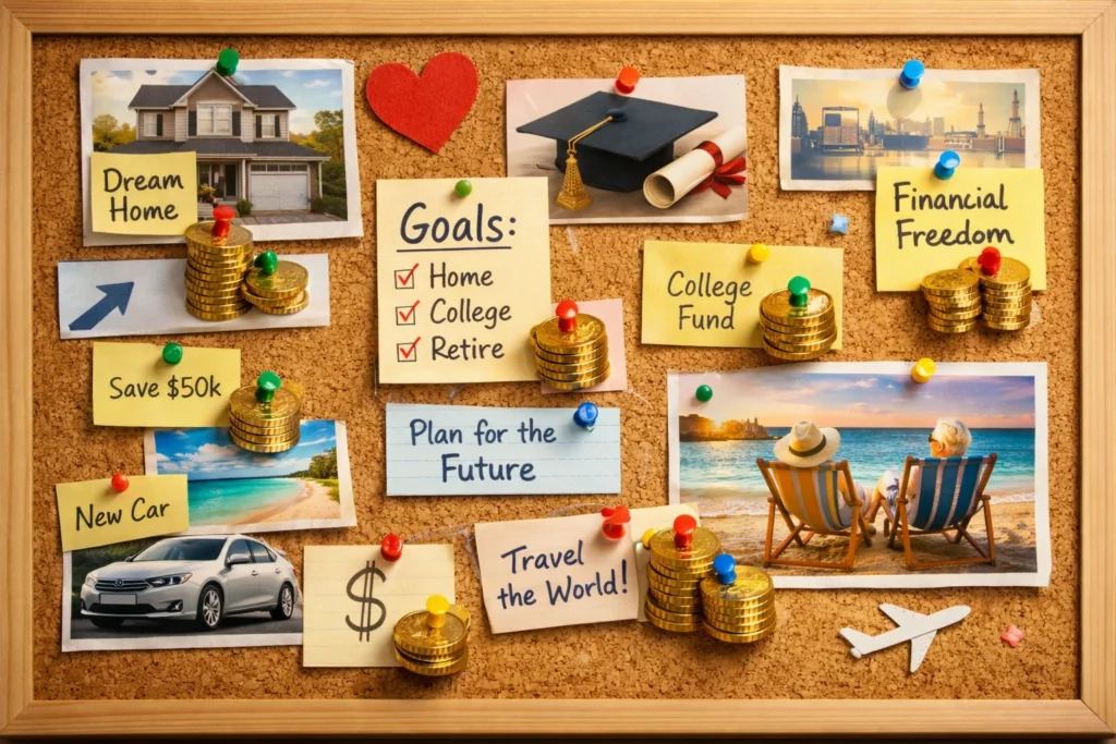 A vision board pinned with coins, sticky notes, and images representing big life goals such as a dream home, college fund, retirement, and travel, symbolizing saving strategies for major milestones.