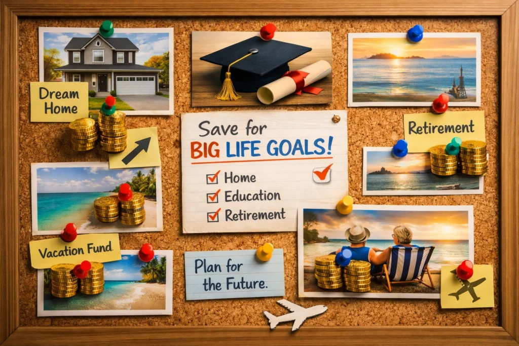 A vision board featuring photos of a dream home, graduation cap, tropical vacation, and retirement beach scene with coins pinned to each section, symbolizing saving for big life goals and long‑term financial planning success.