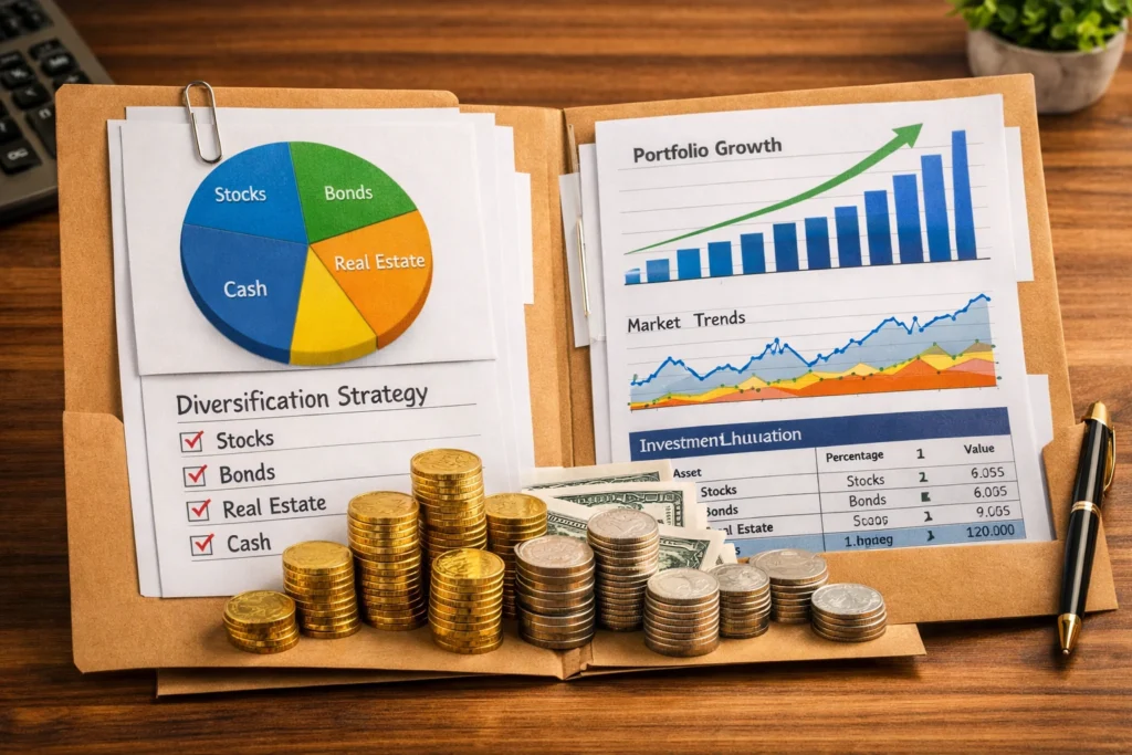 Smart Diversification Tips – Building a Strong Portfolio A professional folder filled with financial charts, graphs, and stacks of coins representing diversified investments across stocks, bonds, real estate, and cash, symbolizing smart diversification and strong portfolio management.
