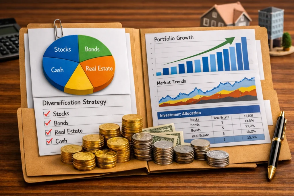 An open folder on a wooden desk filled with colorful charts, graphs, and stacks of coins representing diversified investments across stocks, bonds, real estate, and cash, symbolizing smart diversification and strong portfolio management.