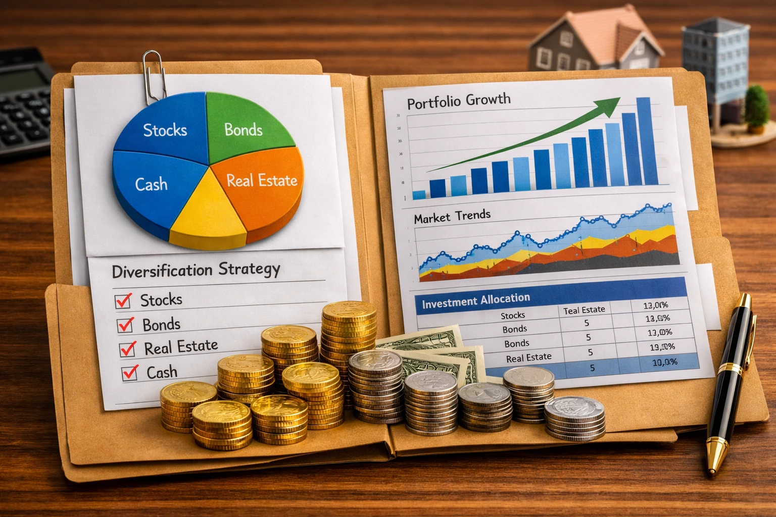 An open folder on a wooden desk filled with colorful charts, graphs, and stacks of coins representing diversified investments across stocks, bonds, real estate, and cash, symbolizing smart diversification and strong portfolio management.