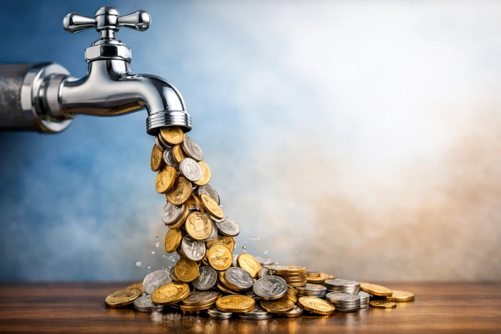 Liquidity in Investment Portfolio – Flowing Wealth Concept A silver water tap releasing a stream of gold and silver coins onto a reflective surface, symbolizing liquidity in an investment portfolio and the steady flow of accessible financial assets.