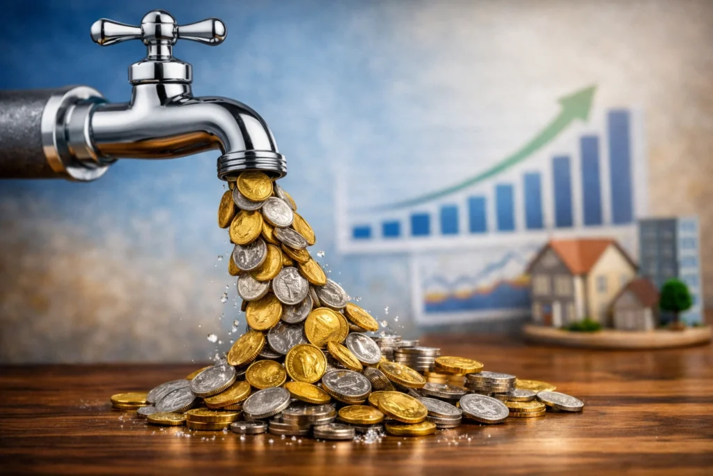 A polished silver faucet releasing a steady stream of gold and silver coins onto a wooden surface, with a blurred background showing a stock market chart and a small house, symbolizing liquidity in an investment portfolio and the importance of accessible financial assets.