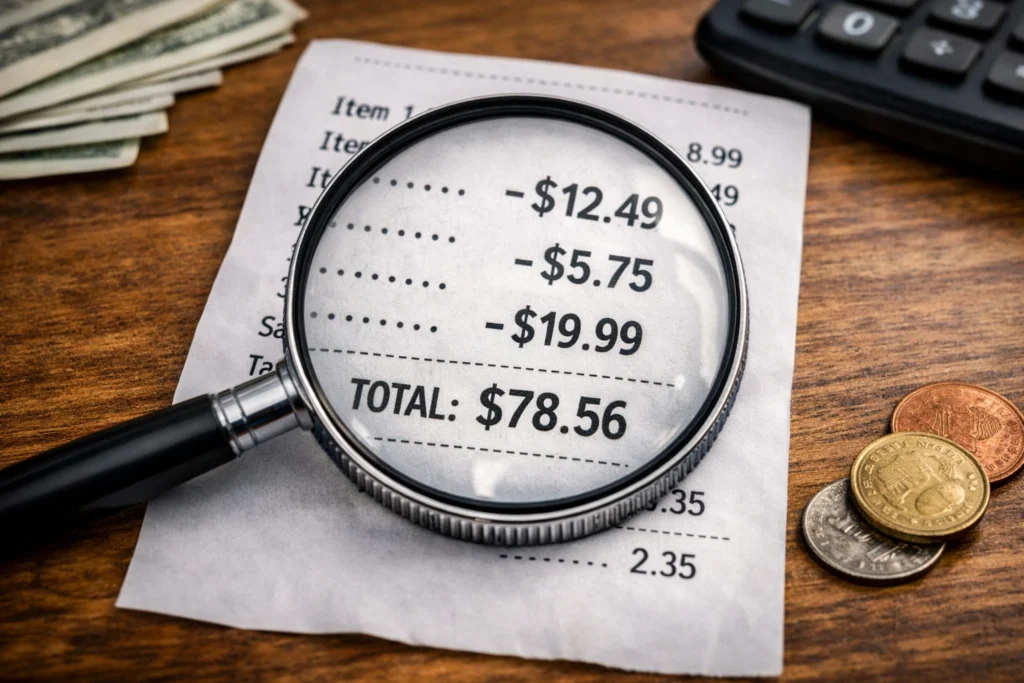 Expense Tracking Secrets – Taking Control on Money Flow A magnifying glass placed over a printed receipt with visible totals, surrounded by coins and a calculator, symbolizing expense tracking secrets and taking control of money flow through detailed financial analysis.