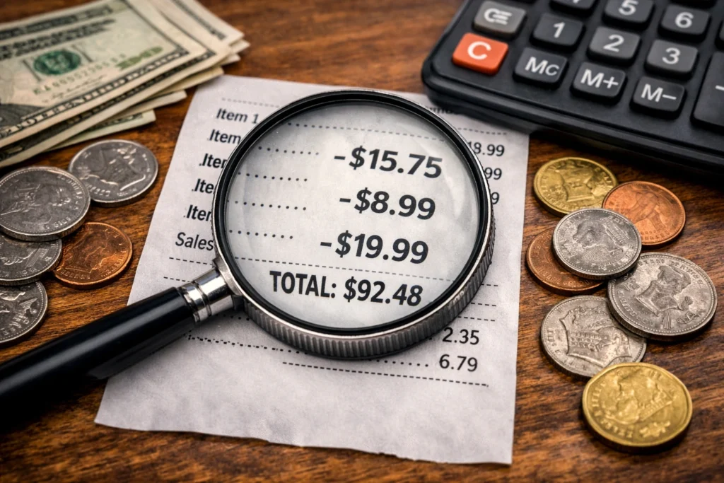 A magnifying glass highlighting totals on a printed receipt, surrounded by coins, dollar bills, and a calculator on a wooden surface, symbolizing expense tracking secrets and taking control of money flow through detailed financial analysis.