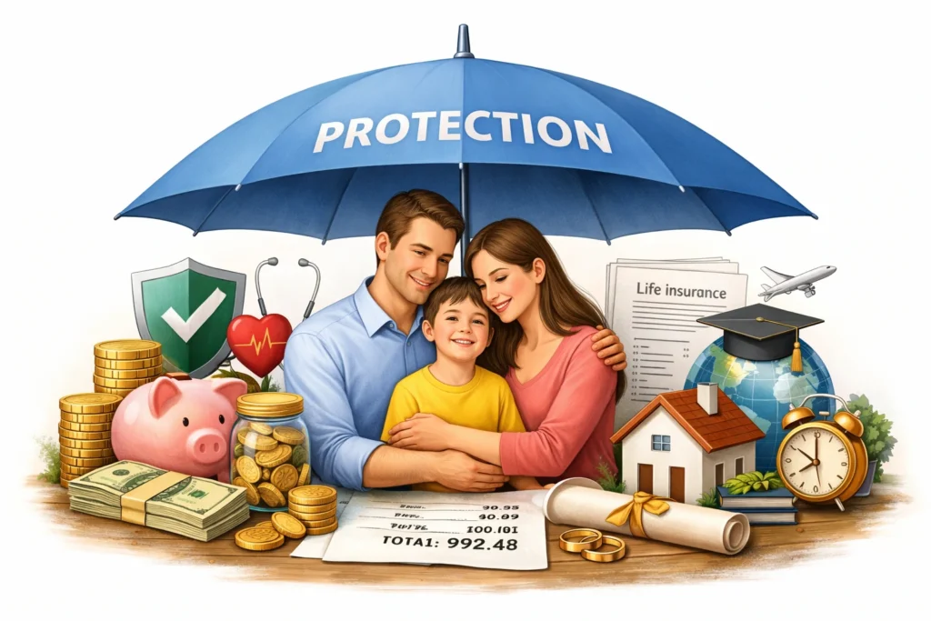 A realistic digital illustration showing a family of three sheltered under a large blue umbrella symbolizing protection, surrounded by icons of savings, home, health, and future planning, representing life insurance and financial security.