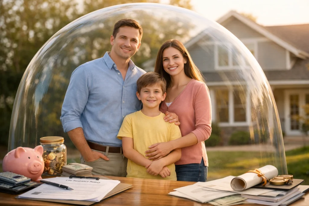 A young family of three standing confidently under a large transparent protective shield symbolizing life insurance, with a modern suburban home in the background and financial documents subtly visible on a table, captured in warm natural lighting to represent trust, stability, and financial planning.