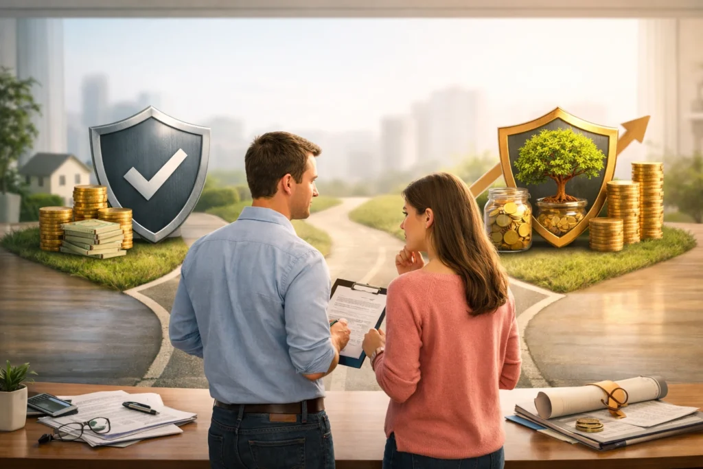 Term Insurance vs Whole Life Insurance – Financial Comparison Concept A young couple in a modern financial planning environment evaluating two paths side by side — one representing term insurance with a simple protective shield and affordable coverage, and the other representing whole life insurance with a shield and a growing investment tree, symbolizing long‑term protection and wealth growth.