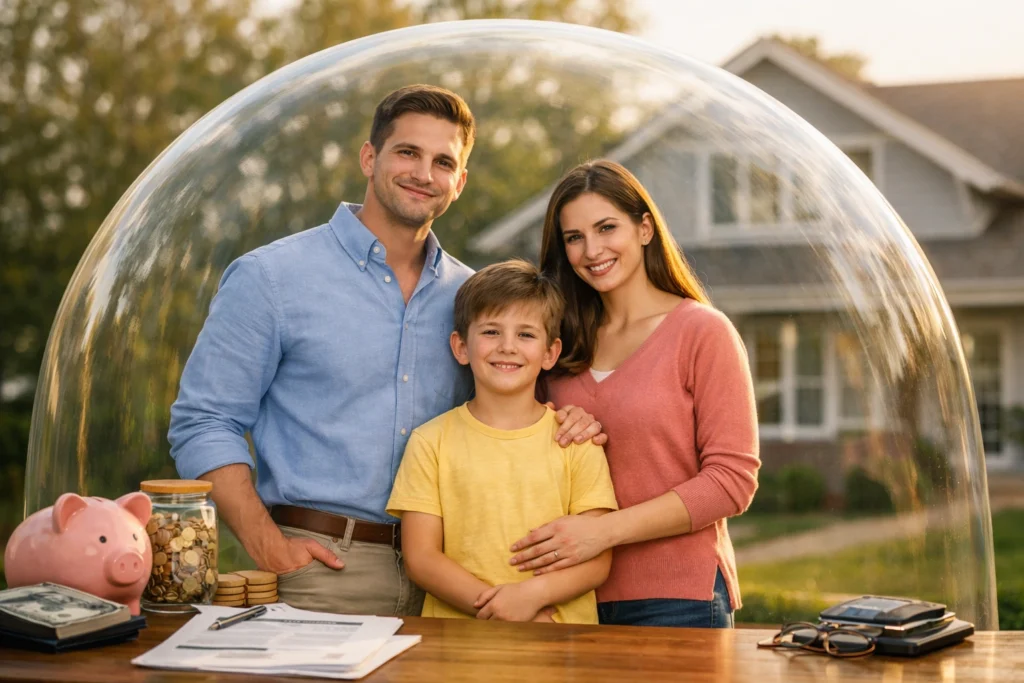 A young family of three standing confidently under a large transparent protective shield symbolizing term insurance coverage, with a modern suburban home in the background and financial elements like a piggy bank and jar of coins nearby, representing financial security and family protection.