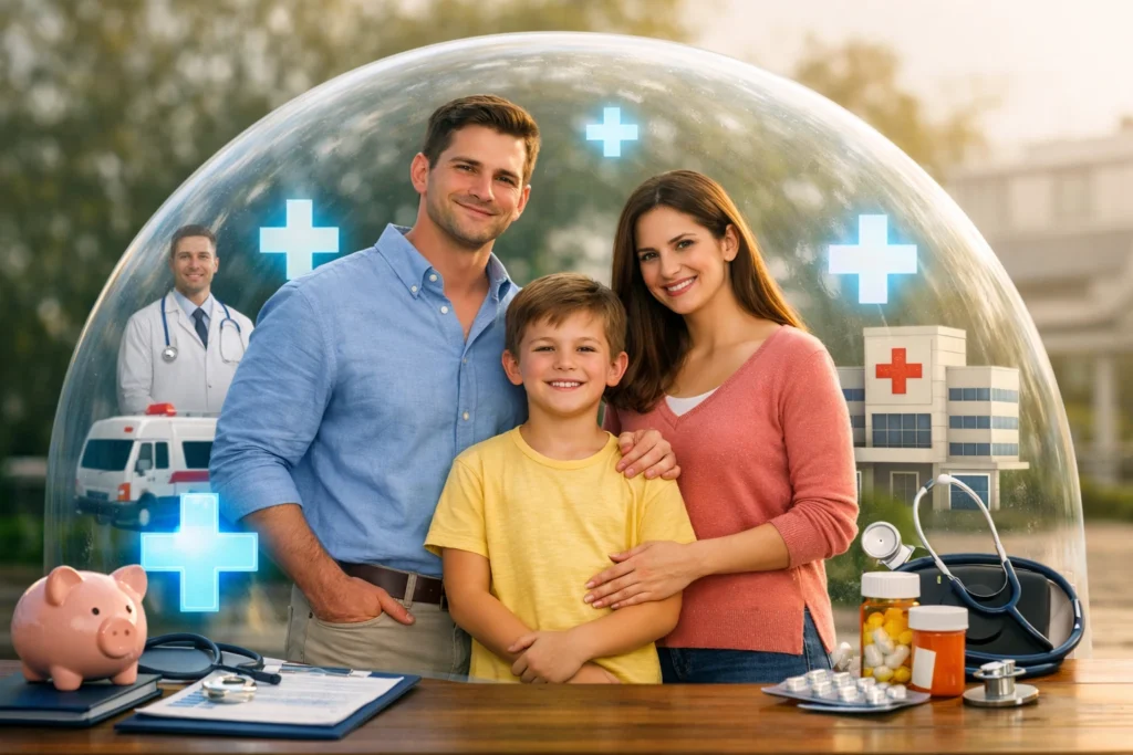 A family of three standing under a large transparent healthcare shield featuring glowing medical cross symbols, surrounded by doctor and hospital icons, symbolizing health insurance protection and financial security in a realistic, professional style.
