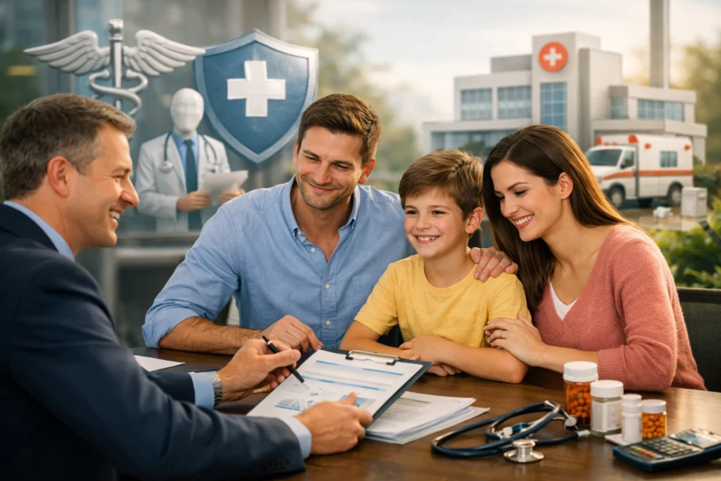 A happy family meeting with a health insurance advisor in a modern office, surrounded by medical protection symbols, hospital and healthcare icons, reviewing health coverage plans in a realistic, professional environment with soft natural lighting, symbolizing trust and financial security.