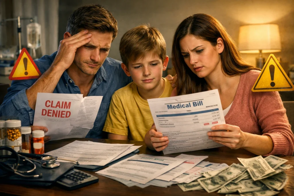 A worried family reviewing unexpected insurance claim rejections and large medical bills, surrounded by warning symbols and falling money, symbolizing financial loss and the consequences of common insurance mistakes.