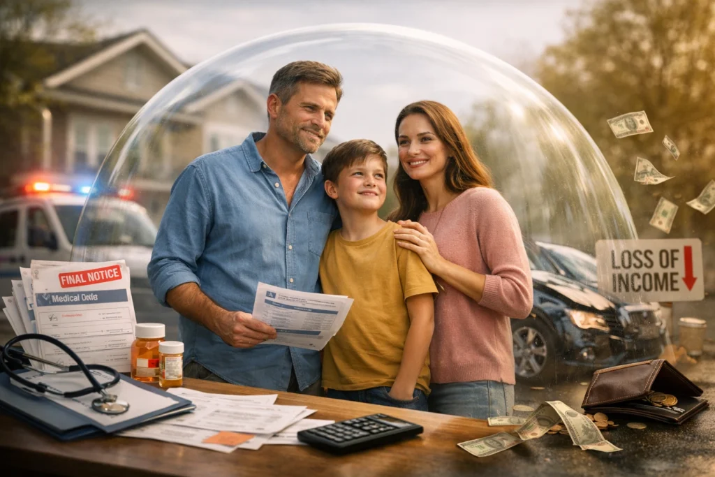 A family standing safely under a large transparent protection shield while financial risks such as medical bills, accidents, and income loss remain outside, symbolizing financial security and the importance of adequate insurance coverage.