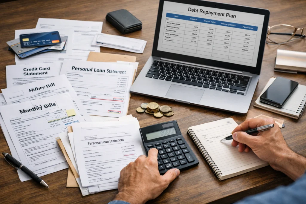 A person organizing credit card bills, personal loans, and monthly expenses on a desk while creating a debt repayment plan using a laptop and calculator, symbolizing smart financial planning and debt management.
