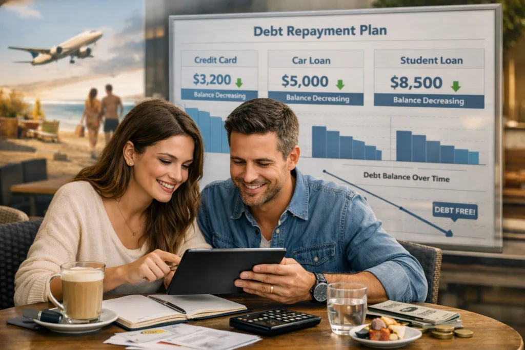 A confident young couple reviewing their debt repayment plan on a tablet while enjoying coffee at an outdoor café, with a financial dashboard showing decreasing debt balances in the background, symbolizing positive financial transformation and balanced lifestyle.