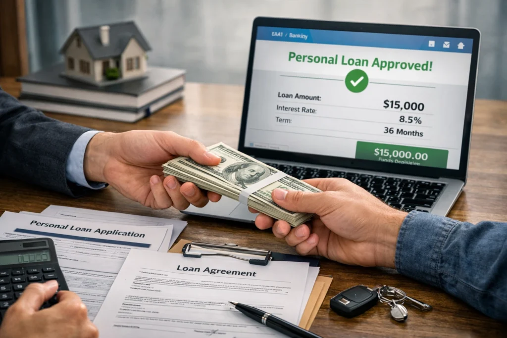 Personal Loan Approval – Borrower Receiving Funds A borrower receiving funds from a bank through a personal loan, with financial agreement documents on the desk and a digital banking interface showing loan approval, symbolizing responsible borrowing and financial planning.
