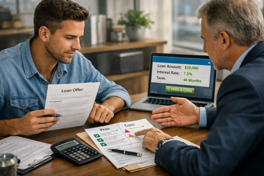 A young professional reviewing a personal loan offer with a financial advisor in a modern office, comparing benefits and risks before signing, with financial documents, calculator, and laptop on the desk, symbolizing informed financial planning and trust.