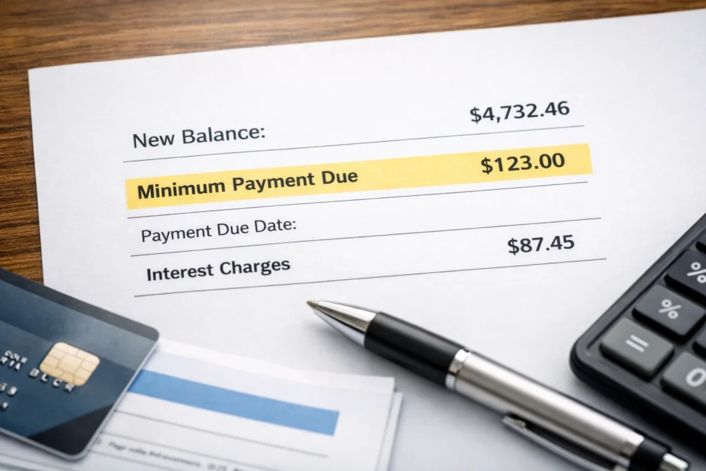 Credit Card Trap – Minimum Payment Highlight Concept A realistic photograph of a printed credit card statement showing the minimum payment amount, monthly balance, and interest charges, with a pen and calculator nearby, symbolizing financial education and awareness.