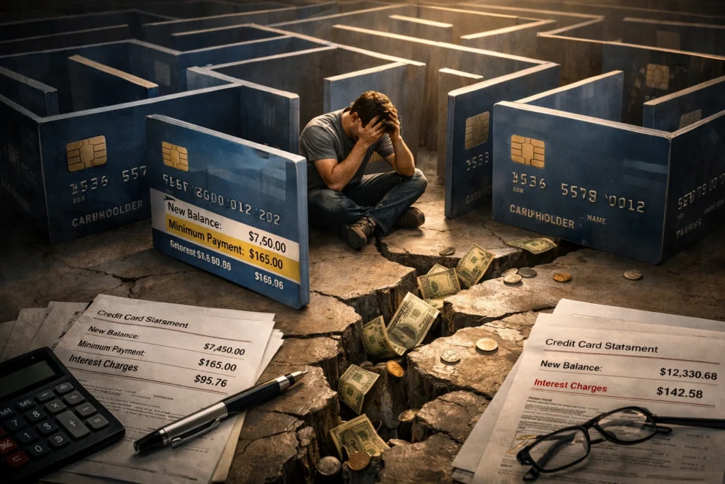 A person trapped inside a giant credit card maze while money disappears through cracks in the floor, surrounded by financial statements showing rising interest charges, symbolizing the burden of debt and the dangers of minimum payments.